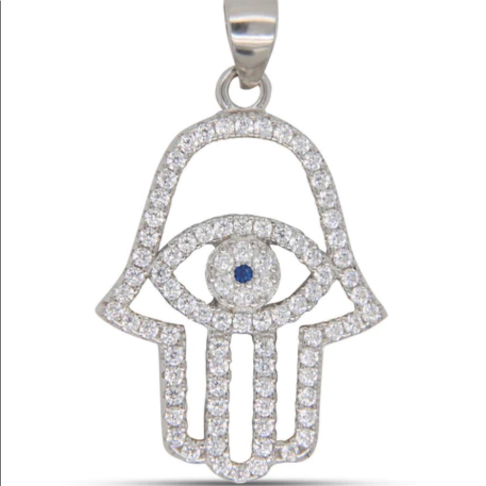STERLING SILVER CZ HAMSA W/ BLUE CENTER STONE PENDANT